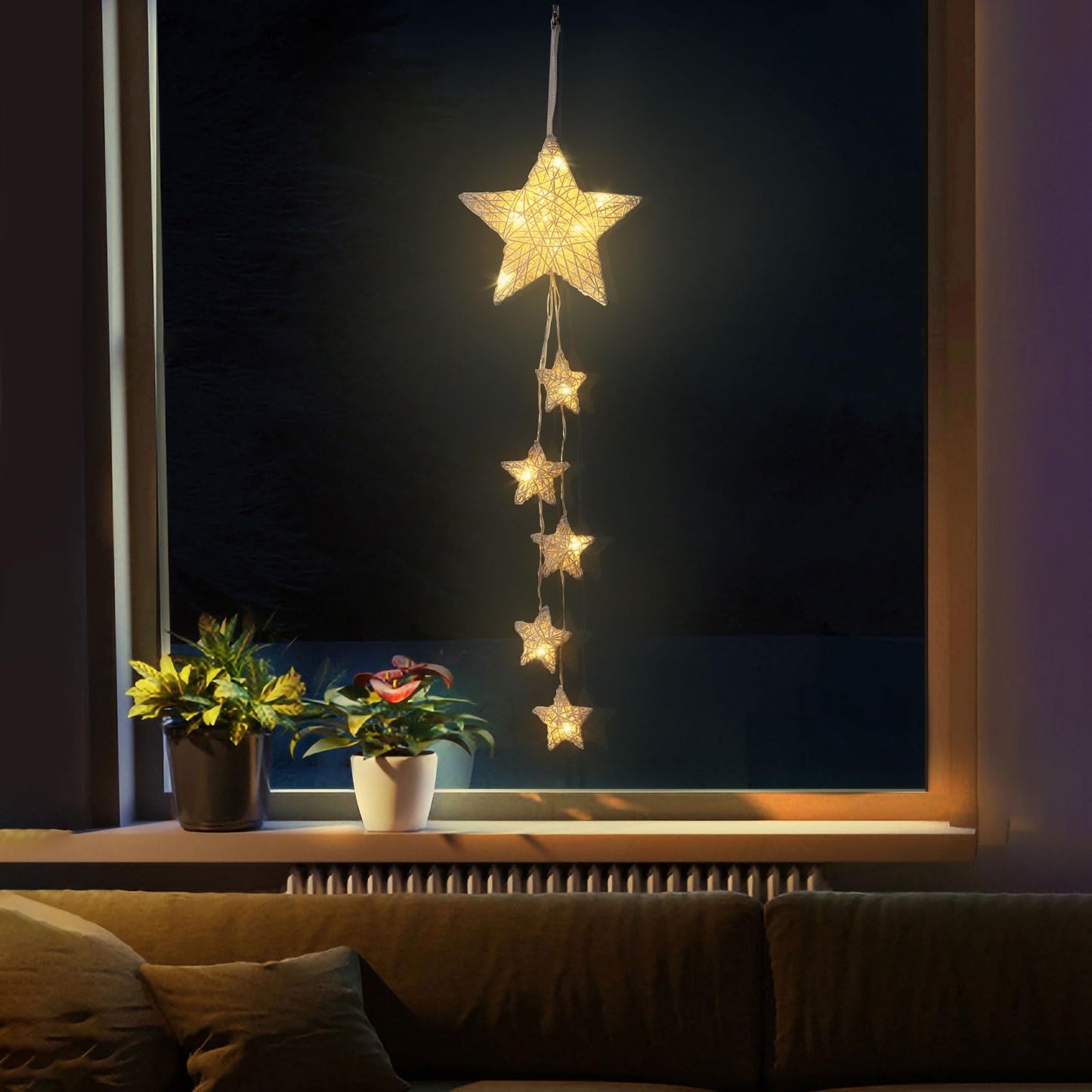 Lewondr Hanging Light, Rattan Star Shape Fairy Lights Indoor Decorative Lights Window Light Battery Operated Star Lights for Children's Room Bedroom Party Decoration with Timer Function, White