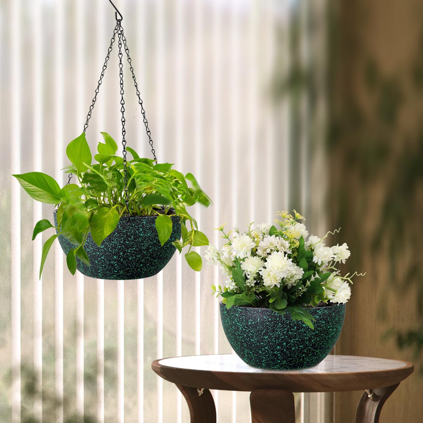 Meowell 10 inch Hanging Planters for Indoor Outdoor Plants, 2 Pack Hanging Flower Pots with Drainage Holes and Chain for Garden, Plastic Hanging Baskets for House Plants, Black with Green Speckles