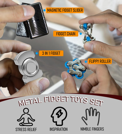 Metal Fidget Toys Adults Set Magnetic Spinner Slider - Premium Stress Relief Desk Toy for Teens - Sensory Fidget Toys for Anxiety ADHD Autism - Cool Office Gadgets Gifts for Men Boys