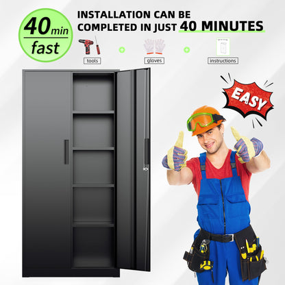 INTERGREAT Black Metal Storage Cabinet, 72" Locking Steel Cabinets with 2 Door and 4 Adjustable Shelves, Tall Metal Cabinet for Home Office, Garage, Warehouse