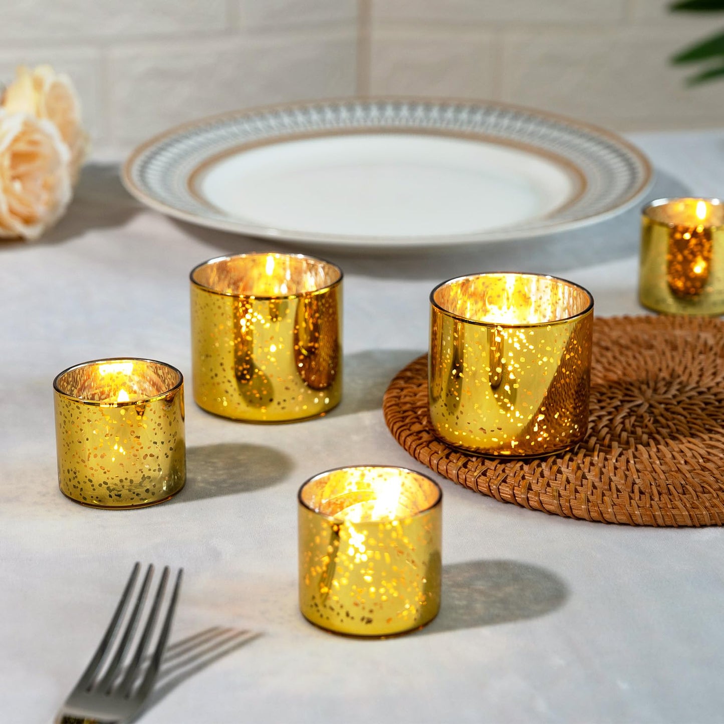 FrutPunch 12-Piece Gold Candle Holders, Speckled Mercury Gold Votive Candle Holders, Two Models, Suitable for Wedding Table Centerpieces, Party Decorations and Home Decor