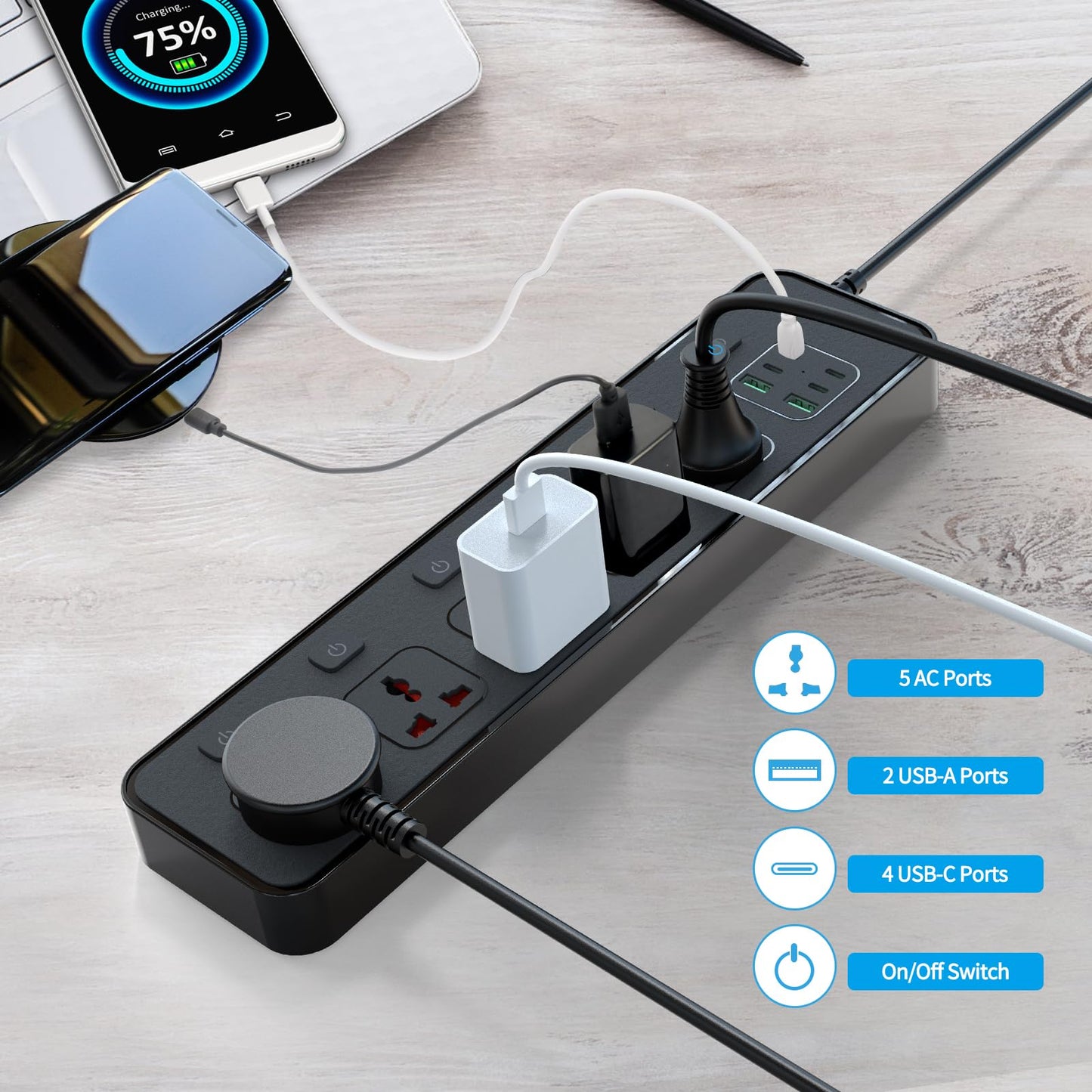 Flat Plug Power Strip with Individual Swtich, Jumpso 6ft Universal Extension Cord with 5 Outlets and 2 USB 4 USB C Ports, Max 3000w, 110-240v, Multiple Outlets Plug Adapter for Office Travel