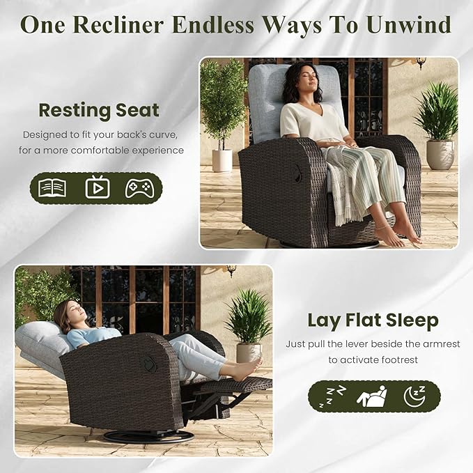 LayinSun Oversized Wicker Outdoor Swivel Glider Recliner with Adjustable Backrest & Footrest, Patio Reclining Lounge Chair - Set of 2