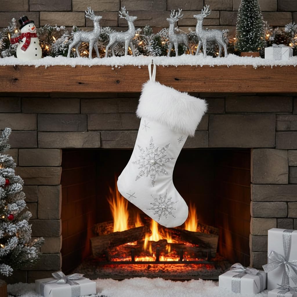 Comfy Hour 18" White Velvet Christmas Stocking, Soft Snowflake Embroidery with Faux Fur Trim, Elegant Holiday Mantel Hanging Decor, Winter Celebration Accent, Artisan Crafted Textile, 1 Unit