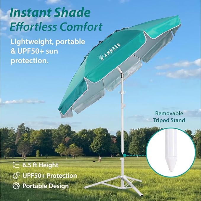 AMMSUN Shade Umbrella, Premium Portable Umbrella with Stand, 6.5ft Lightweight Free Standing Canopy for Sporting Games, Adjustable Instant Sun Protection and Easy to Carry, Turquoise