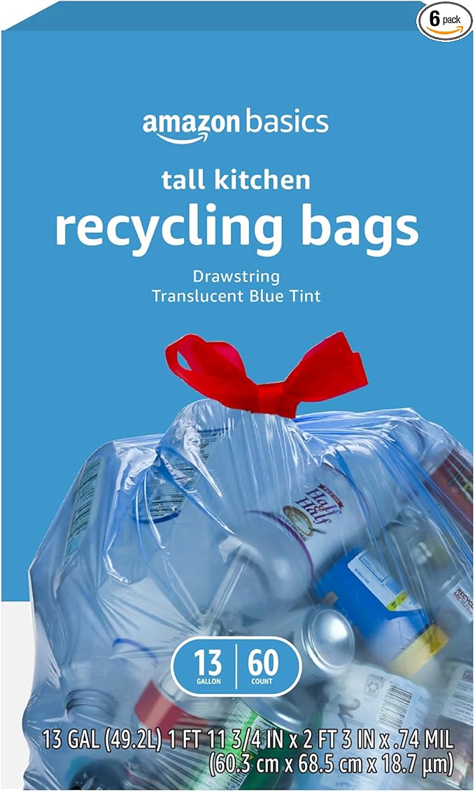 Amazon Basics Blue Recycling Drawstring Trash Bags, Tall Kitchen, 13 Gallon