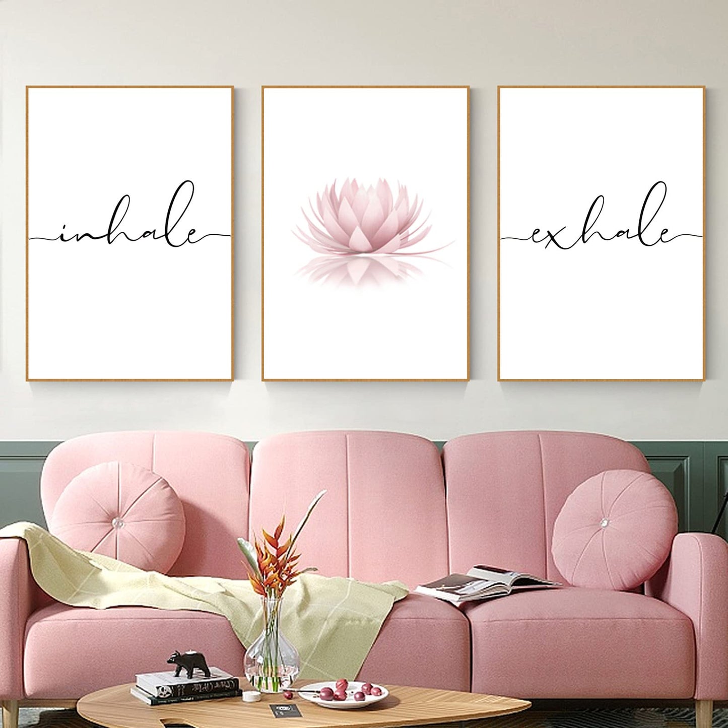Pennclys Inhale Exhale Wall Art Zen Canvas Decor Yoga Lotus Wall Art Calming Meditation Artwork Pink Yoga Poster Zen Pictures Painting for Living Room Bedroom 16x24 Inch Unframed Set of 3