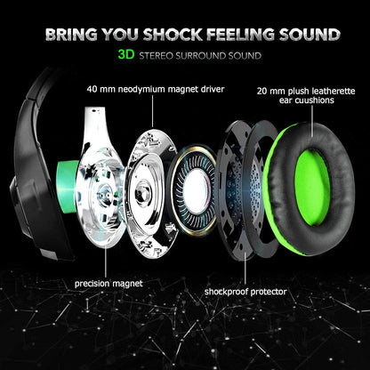 BlueFire Stereo Gaming Headset for PlayStation 4 PS4 PS5, Over-Ear Headphones with Mic and LED Lights for Xbox One, PC, Laptop(Green)