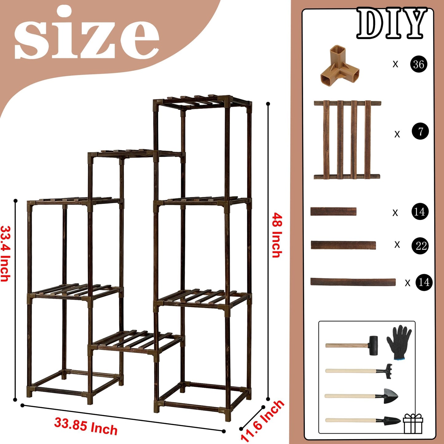 HOMKIRT Plant Stand with Grow Light, Lighted Plant Shelf Indoor for Multiple Plants, Wood Tall Plant Rack with Grow Lights Flower Stand for Corner, Living Room, Patio, Garden