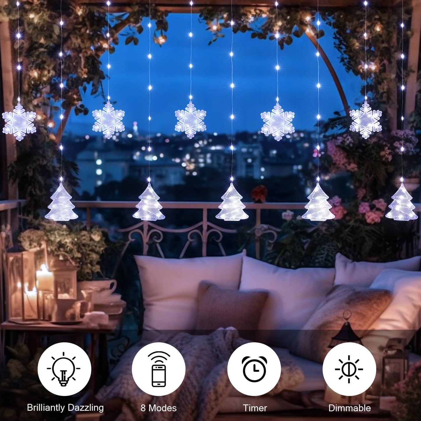 BLOOMWIN Christmas Window Lights Indoor - 2M 160 LED Christmas Window Decorations, Snowflake Curtain Hanging Fairy String Icicle Lights for Xmas Noel Bedroom Holiday Home Outdoor, Cold White USB