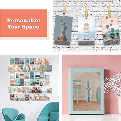 Onivein Peach Teal Wall Collage Kit Aesthetic Pictures, 50Pcs 4 x 6 Inch Blue Aesthetic Picture, Summer Beach Collage Print Kit, Trendy Cute Posters Photo Collage Kit for Dorm Bedroom Decor