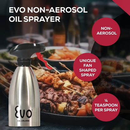 Evo Oil Sprayer 18/8 Stainless Steel, Non-Aerosol for Olive, Cooking Oils, and Vinegars, Silver, 16-Ounce Capacity