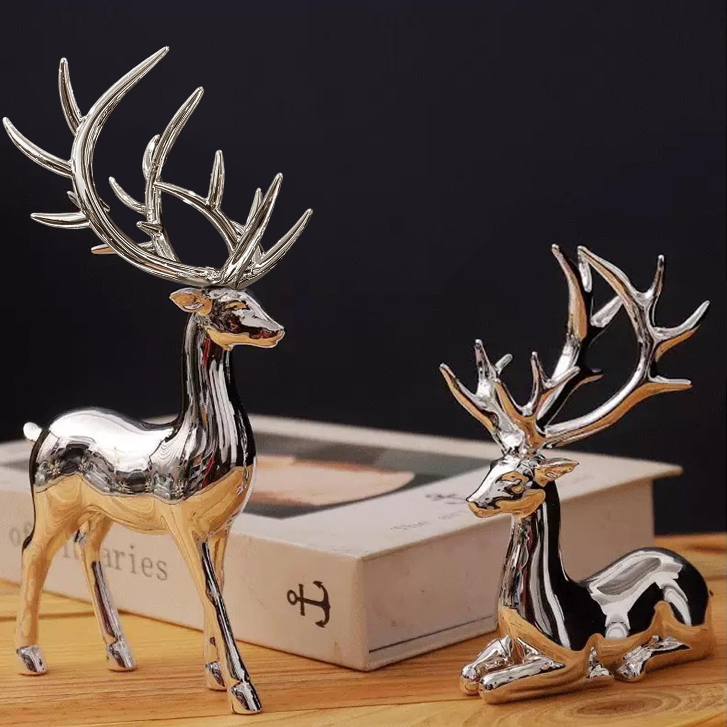 2PCS Silver Christmas Reindeer Figurines, Resin Elk Sculpture Statues, Standing Sitting Reindeer Statues, Xmas Ornaments for Home Living Room Office TV Cabinet, Ideal Christmas/New Year Seasonal Gift