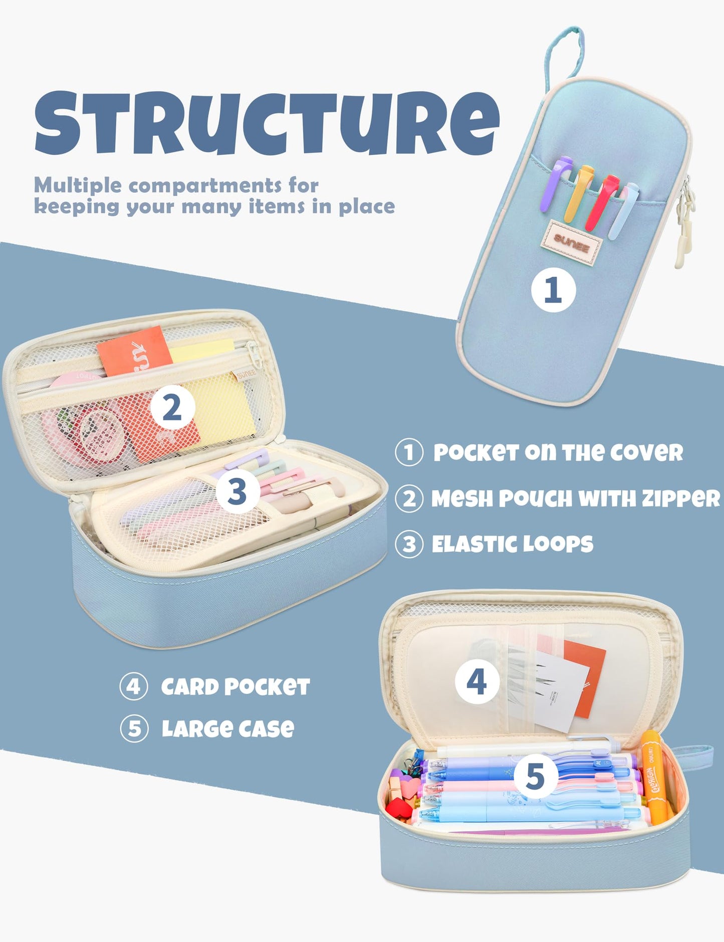 SUNEE Cute Pencil Case, Aesthetic Pen Pouch, Colored Large Pencil Bag with Zipper, Kawaii Stationery Storage and Organizer, School Supplies for Teen and Adult Girls, Blue