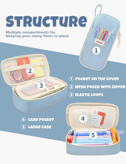 SUNEE Cute Pencil Case, Aesthetic Pen Pouch, Colored Large Pencil Bag with Zipper, Kawaii Stationery Storage and Organizer, School Supplies for Teen and Adult Girls, Blue