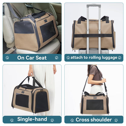 PETSFIT Dog Carrier Cat Carriers for Puppies, Medium Cats up to 25Lbs, Travel Soft Sided Pet Carrier (Large, Khaki)