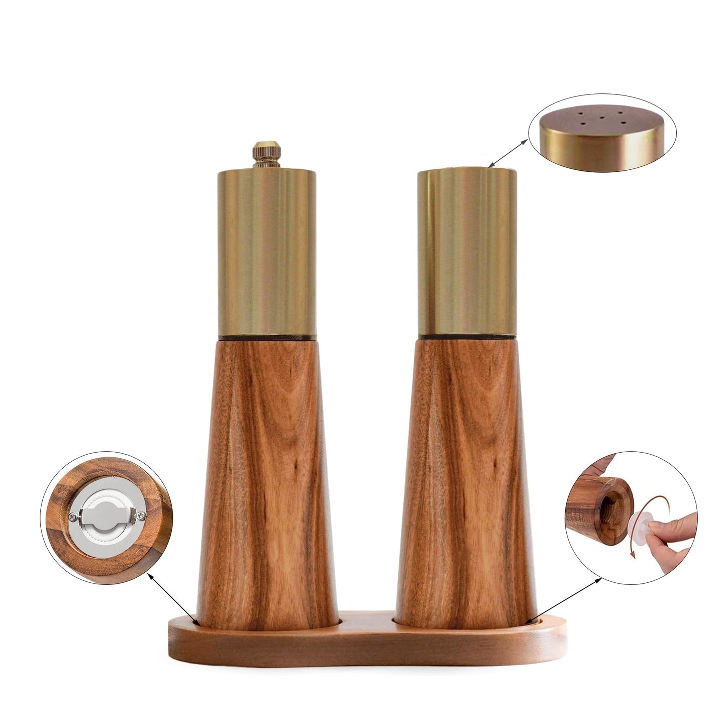 Salt and Pepper Grinder Set, Acacia Wooden Pepper Grinder with Adjustable Coarseness, Refillable Ceramic Blade Grind,Gold Pepper Mill for Kitchen (7.5IN- Acacia Wood-Base)