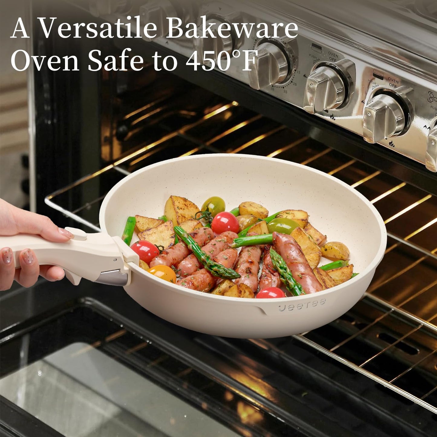 JEETEE Pots and Pan Set Non Stick 19 Pcs, Cookware Set Detachable Handle, RV Kitchen Cooking Set Removable Handles, Stackable Non-stick Set, Oven Safe, Beige