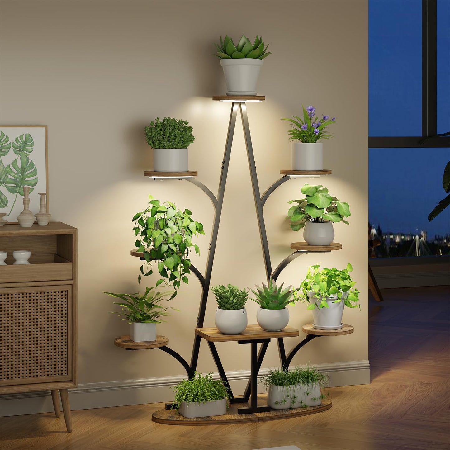 Plant Stand Indoor with Grow Lights - 51" Tall Christmas Tree-Shaped Corner Plant Shelf, 9 Tiered Metal Plant Rack with Adjustable Brightness & Timer, Sturdy Display Stand for Plants, Balcony Decor (Black)