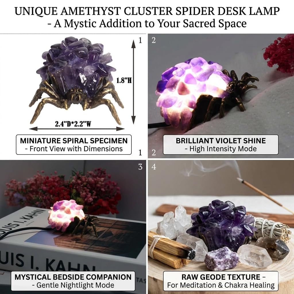 Amethyst Crystal Spider Lamp - Natural Cluster Stone Desk Decor, Dimmable Goth Amethyst Night Light with Bronzed Metal Base, Unique Healing Crystal Gifts for Women, Witchy Boho Home Office Decor