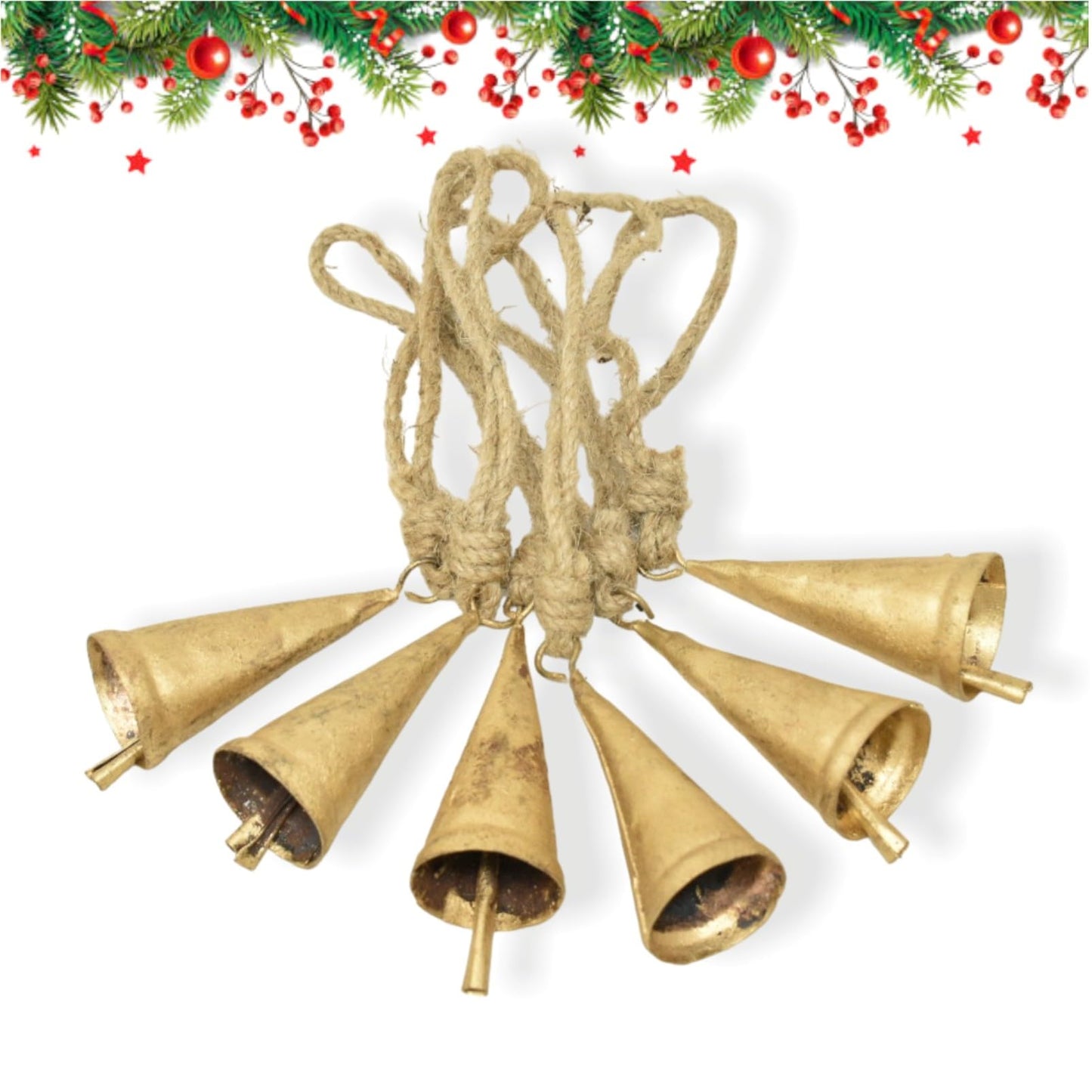 Christmas Bells for Decoration –Set of 6 Rustic Cow Bells for Hanging with Jute Rope – Gold Bells for Crafts - Tree Decoration Ornaments