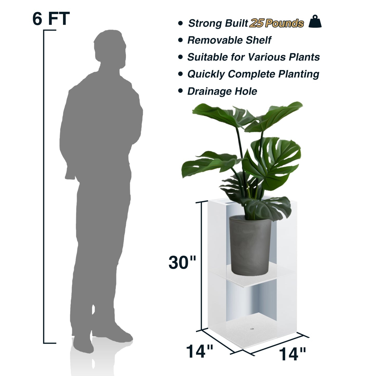 Wallowa Metallic Heavy Tall Outdoor/Indoor Planter Box, Seamless Metal Planter, Rectangular, 14”Lx14”Wx30”H, ‎25 Pounds Each, Pure White, No Assembly and Seamless, Set of 2