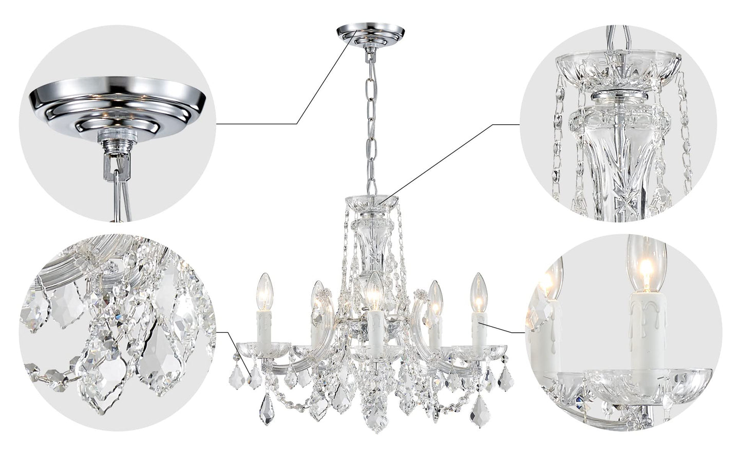 AGV LIGHTING CH001S Modern K9 Crystal Chandelier, Maria Theresa Style Light Fixture, 5-Lights, D20 x H18, Adjustable Chain 59", Chrome Finish Frame