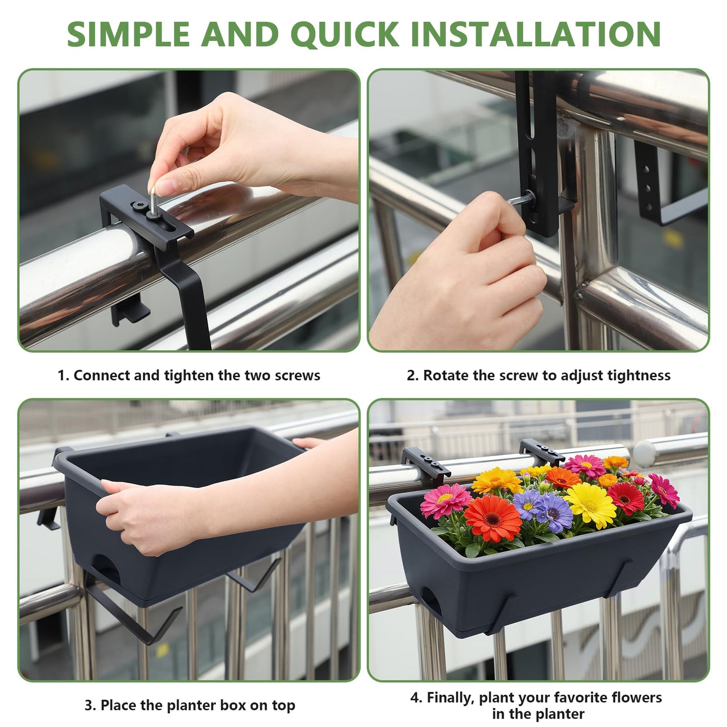 OYEAL Deck Railing Planter Box 4 Pack Window Boxes Planters with Adjustable Brackets, 17 Inch Hanging Flower Pots for Plants for Front Porch, Garden Fence, Apartment Patio Balcony Decor, Grey