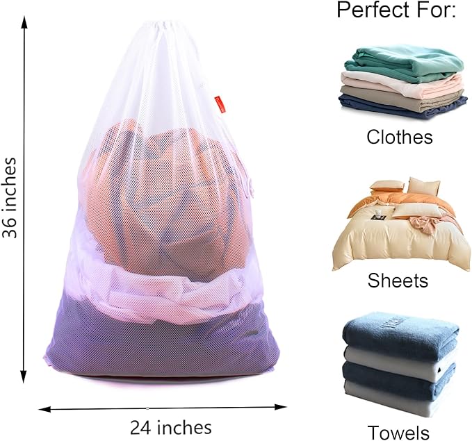2 Pack Mesh Laundry Bags, 24 x 36 Inches Heavy Duty Drawstring Bag, Travel and