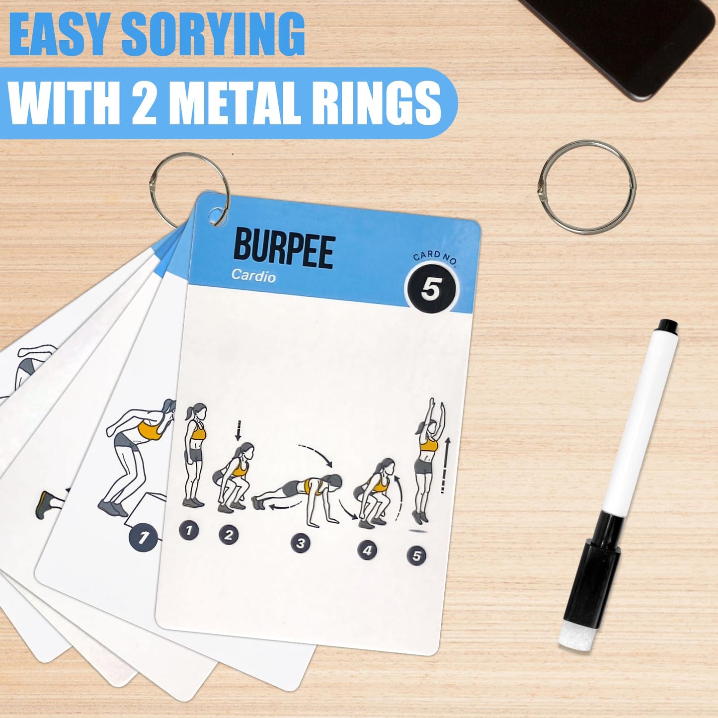 Bodyweight Workout Cards for Women & Men-50 Bodyweight Workout Cards，Includes 2 Rings& Dry-Erase for Easy Organization-Home, Gym or Studio (Bodyweight)