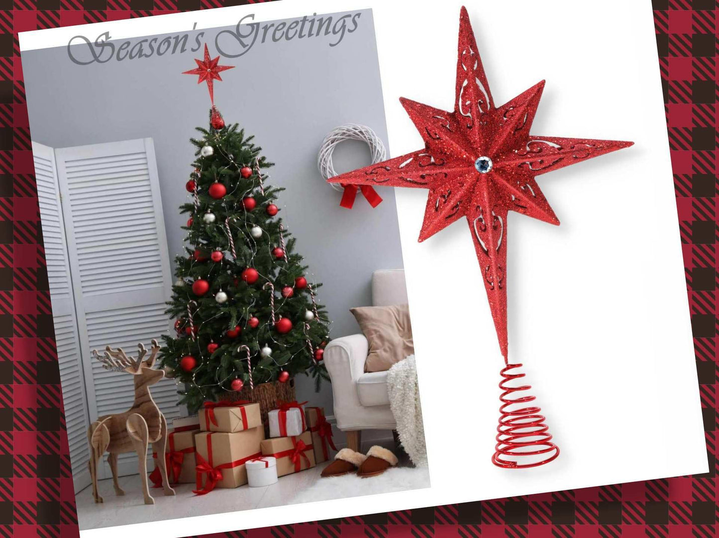Christmas Traditions 11 inch Champagne Glittered Large Christmas Bethlehem Star Tree Topper Star for Large Tree 6 feet-8 feet Tall/Home Decor Ornaments (X'Mas Red)