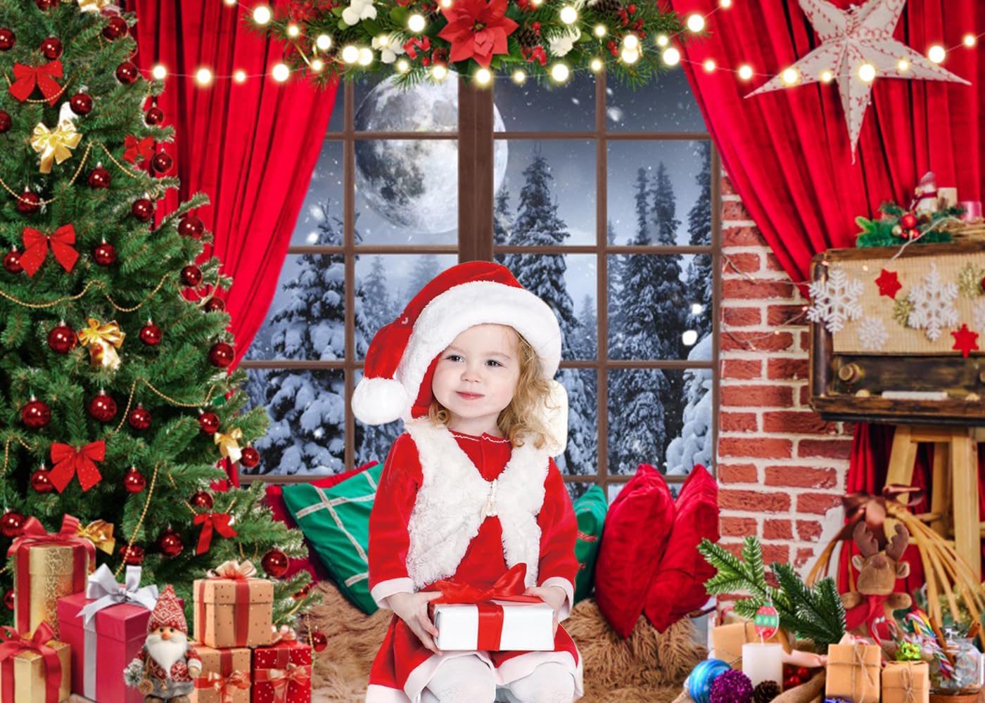 Diasynig 5x3FT Christmas Backdrop Window Red Curtain Xmas Tree Gifts Forest Snow Scene Photography Background Family Kids Winter Holiday Christmas New Year Party Decorations Banner Photo Booth Props