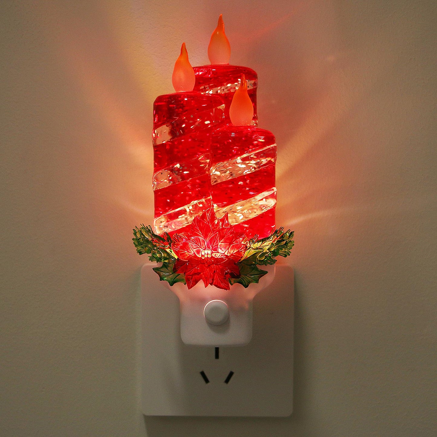 Christmas Candle Night Light Plug into Wall Glitter Water Nightlight with USB/Outlet Options, Christmas Decorative Nightlight for Bedroom Kitchen Nursery Hallway Holiday Decorations Gifts (Red Candle)