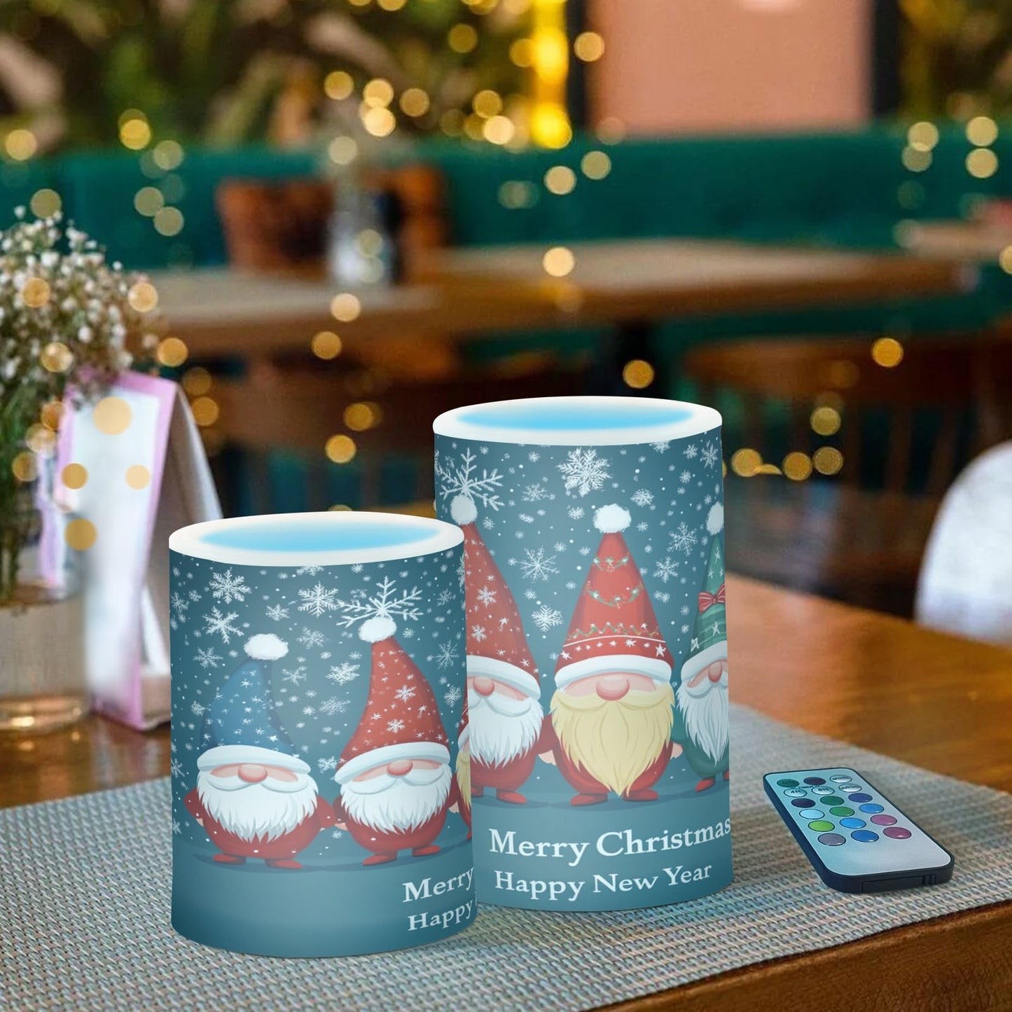 Eionryn Christmas Gnome Snowflakes Blue Flameless Candles Battery Operated LED Candles with Remote Timer Electric Candles for Home Party Decor 2pcs