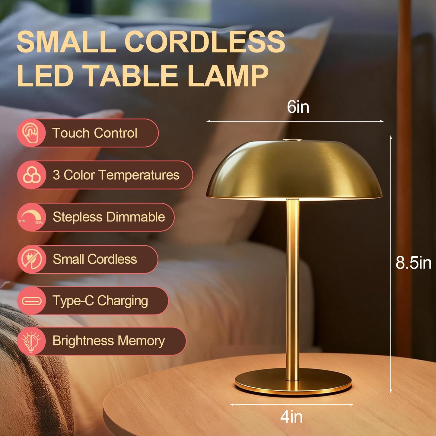 SisiHokai Small Rechargeable Lamp Cordless, LED Touch Battery Operated Table Lamp, Portable, Dimmable, Modern Home Decor, Desk, Bedroom, Bedside, Living Room, Kitchen, Patio, Restaurant, Bar, Gold