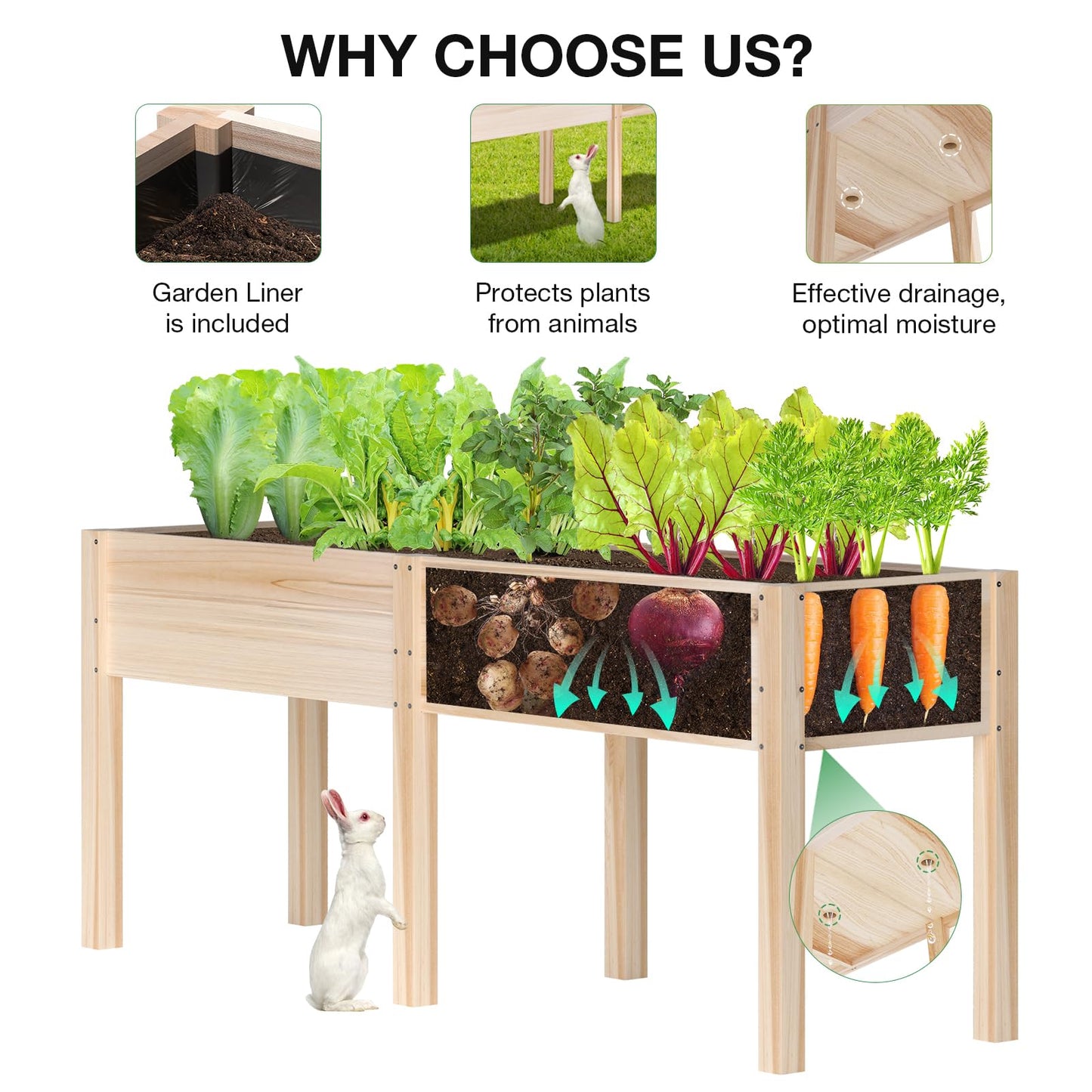 MIXC 72”L X 23”W Raised Garden Bed Outdoors with Legs, Elevated Reinforced Wooden Large Planter Box for Backyard, Patio, Balcony w/Divider Panel, 6 Legs, 300lb Capacity
