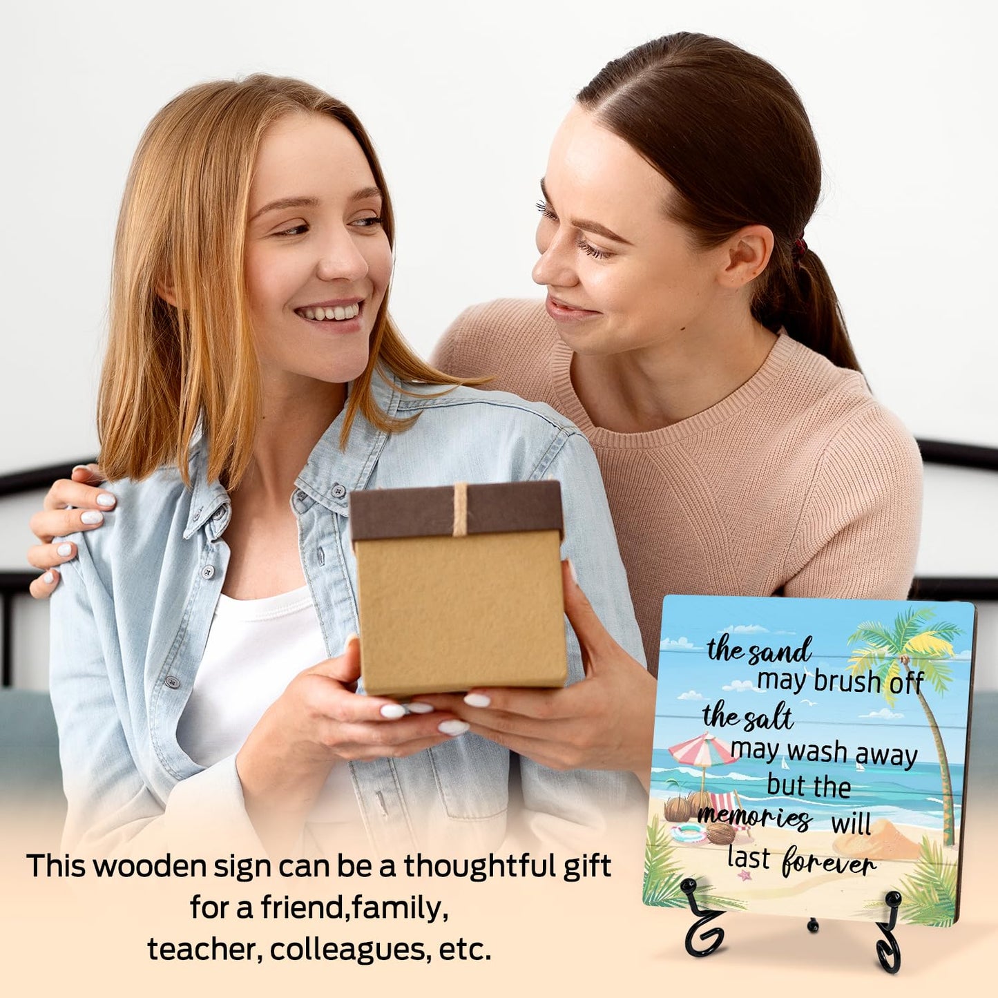 Beach Wooden Sign Desk & Shelf Decor Plaque – "The Sand The Salt" Room Accent with Stand – Coastal Summer Decorations for Home Office, Beachy Room, Bathroom – Beach Gifts for Women, Vacation Gift