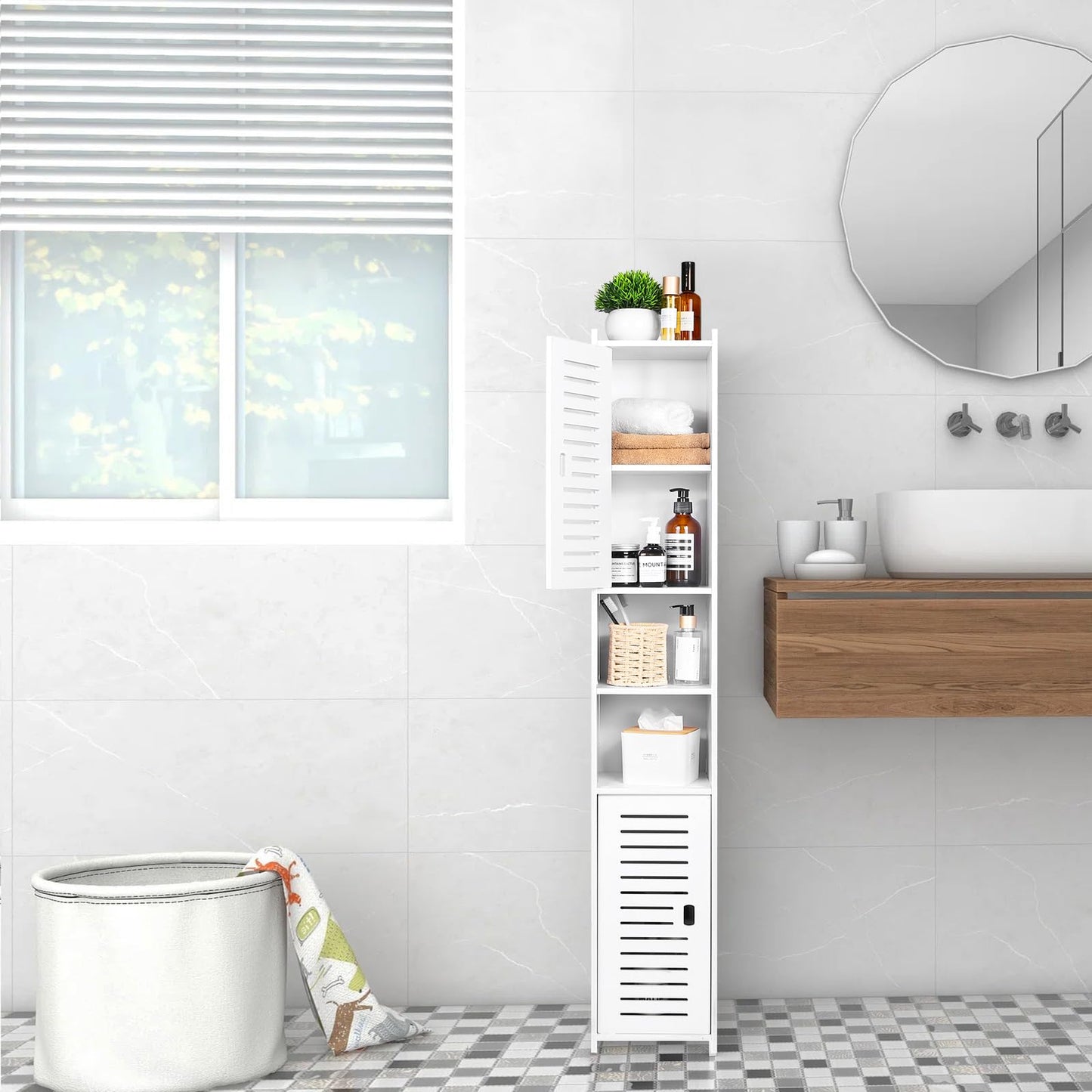 AIIKTOTA BBathroom Storage Cabinet, Floor Standing Display Cabinet, Home Storage Furniture Organizer Unit for Office Living Room Kitchen Entryway, White