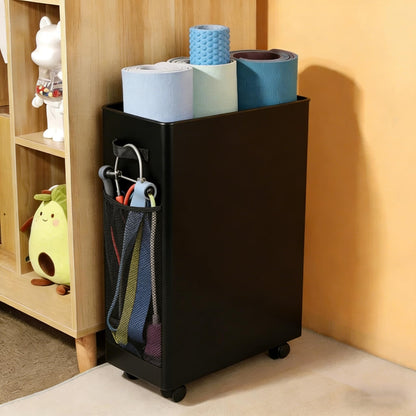 Funvalley Surperfect Yoga Mat Holder, Gym Mats Storage Rack with Wheels, Foldable Fitness Equipment Organizer for Home Gym Decor – Holds 4 Mats, 2 Foam Rollers, 6 Bands, with Mesh Pockets