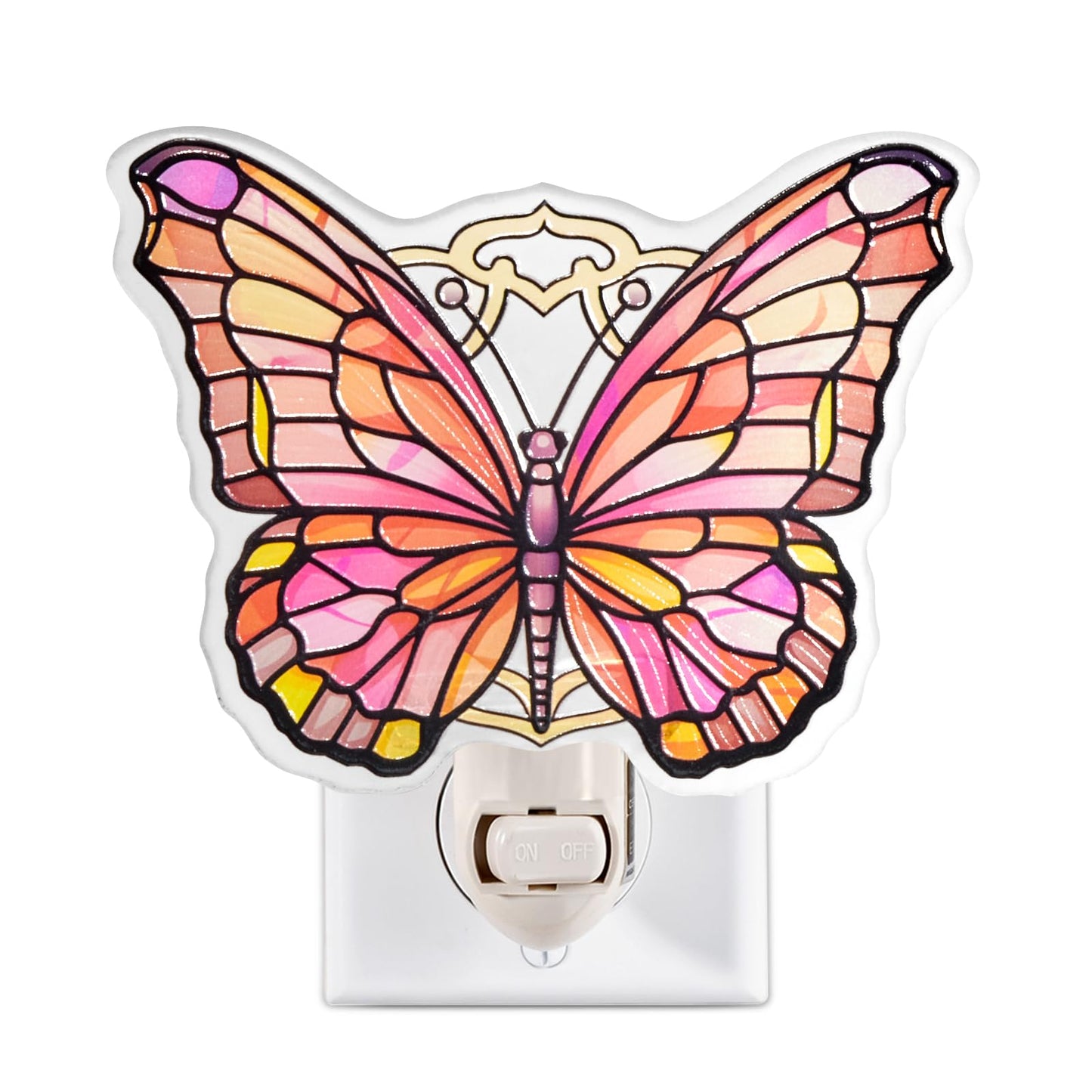 VOUWOWOX Pink Butterfly Night Light – Stained Glass Styled Plug-in Wall Light for Vertical Outlets – Real Glass, Warm Glow for Bedroom, Bathroom, Hallway – Gift for Butterfly Lovers