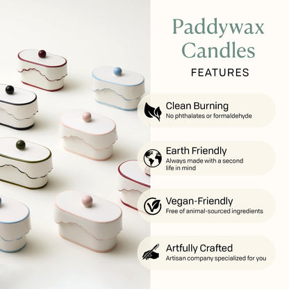Paddywax CHÉRIE Ceramic Dish Candle, Soy Wax Candle, Poured with Love Ceramic Jar with Scalloped Lid, Reusable Vessel, 5.5 oz, Smoked Pistachio