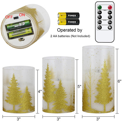 DRomance Christmas Tree Glass Flameless Candles with Remote Timer Battery Operated Real Wax 3D Wick LED Flickering Pillar Candles Christmas Holiday Decor(Gold, 3 x 4,5,6 Inch)