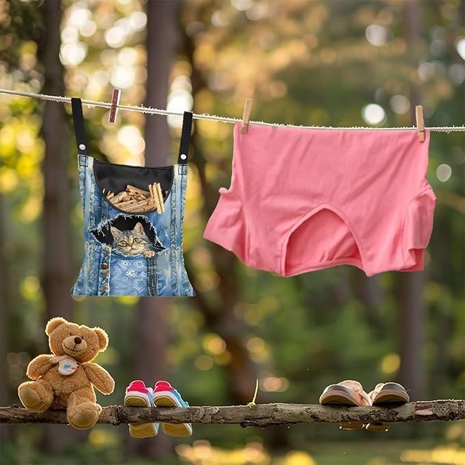 Cat Pin Bag with Hanging Rope, Laundry Hanging Bag, Fits Clothes Lines