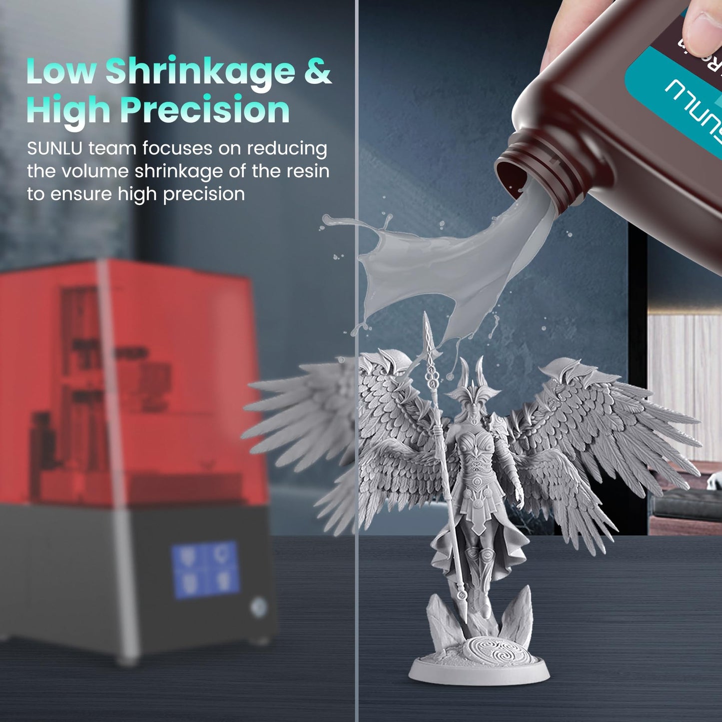 SUNLU 3D Printer Resin Bundle Multicolor, Rapid Curing Standard 3D Printing Photopolymer Resin, 2kg in Total, 0.5kg per Bottle, 4 Pack, Black+Light Grey+Dark Grey+White