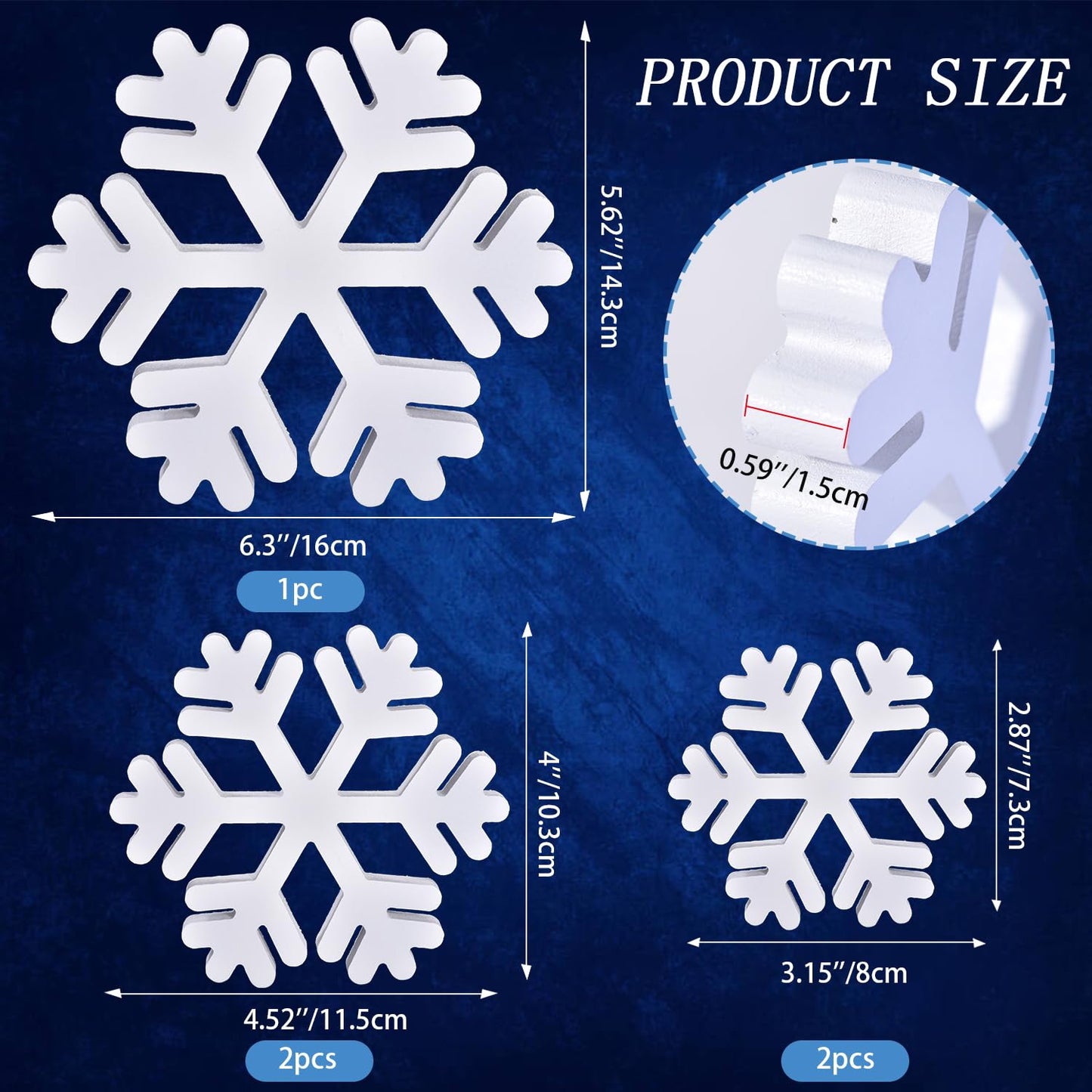 5 Pcs Winter Wooden Snowflake Decor Christmas Snowflake Signs 3D Decoration Tabletop Wood Snowflakes Centerpiece White Block Table Decor Standing Sign for Xmas Fireplace Mantel Home (white)