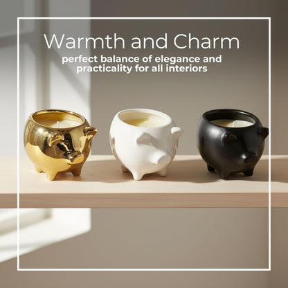 Ceramic Candle Set – Scented Candle for Relaxation and Soft Ambience, Living Room or Bedroom Decor Placement, Pig Animal Shaped Home Decor Design Accent – 4x6, Black, Gold & White Trio