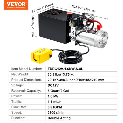VEVOR 8 Quart Hydraulic Power Unit, Double Acting Dump Trailer Pump, 0.91 GPM Flow Rate, 3200 PSI Max Relief Pressure, DC 12V Hydraulic Pump for Dump Trailer Car Lifting