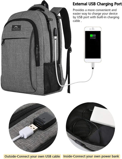 MATEIN Travel Laptop Backpack, Work Bag Lightweight Laptop Bag with USB Charging Port, Anti Theft Business Backpack, Water Resistant School Rucksack Gift for Men and Women, Fits 15.6 Inch, Grey