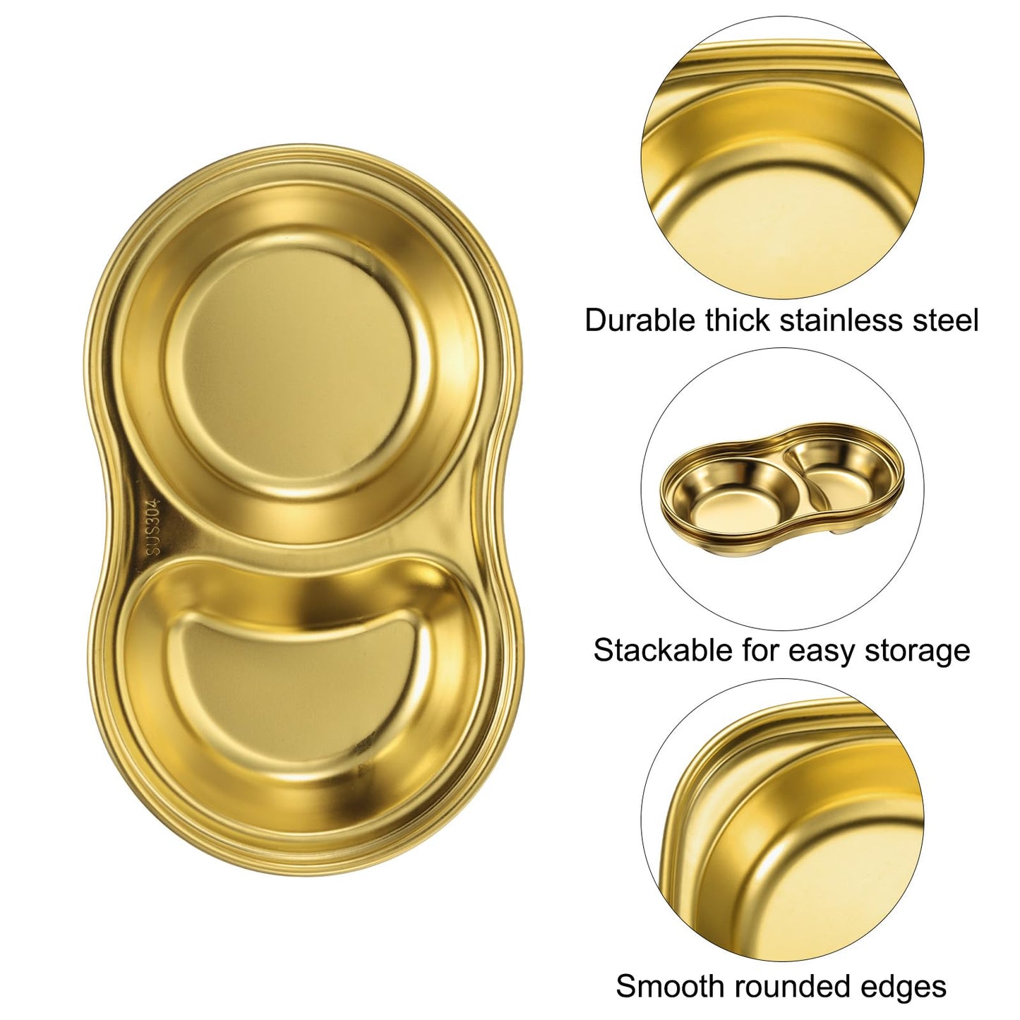 uxcell 4 Pack Stainless Steel Dish Dipping Bowls with 1 Round Compartment Divided, Metal Seasoning Plate Dipping Bowl for Condiment Home Party Restaurant Picnic Travel, Gold