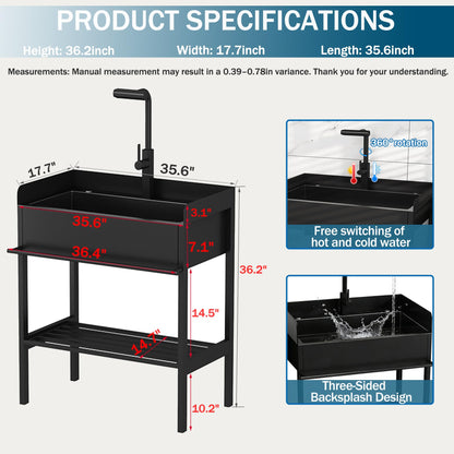 Fdzylyg Stainless Steel Utility Sink with 3-Sided Splash Guard,36" Freestanding Outdoor Sink with Pull-Down Sprayer & Storage,Commercial Single Bowl Laundry Sink for Garage,Backyard,Garden,Black